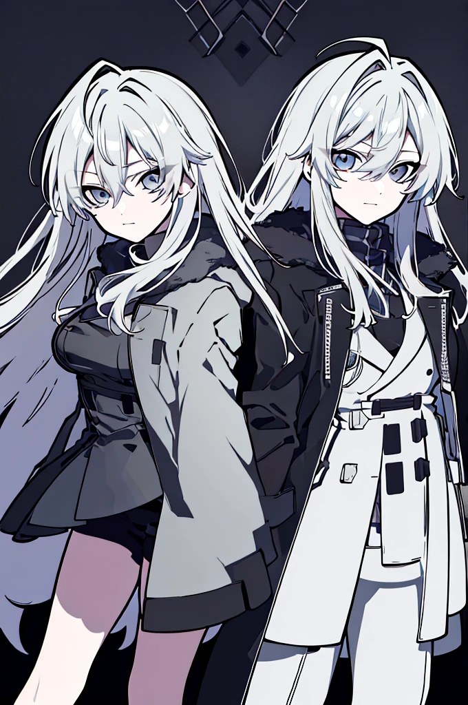 ((Pixiv)),(masterpiece_portrait),(Color Field),(Cyberpunk),(Full Metal Panic),(10s-anime-aesthetic), 1girl, light smile, curvy, large breasts, sharp face, spiked_hair, two-tone hair, white hair, gray hair, hair between eyes, very_long_hair, half closed eyes, sky blue eyes, Closed mouth, reaching out, cowboy shot, Standing, Clenched_hand, Black leotard, Over-kneehighs, White Overcoat, capelet, high_heel_boots