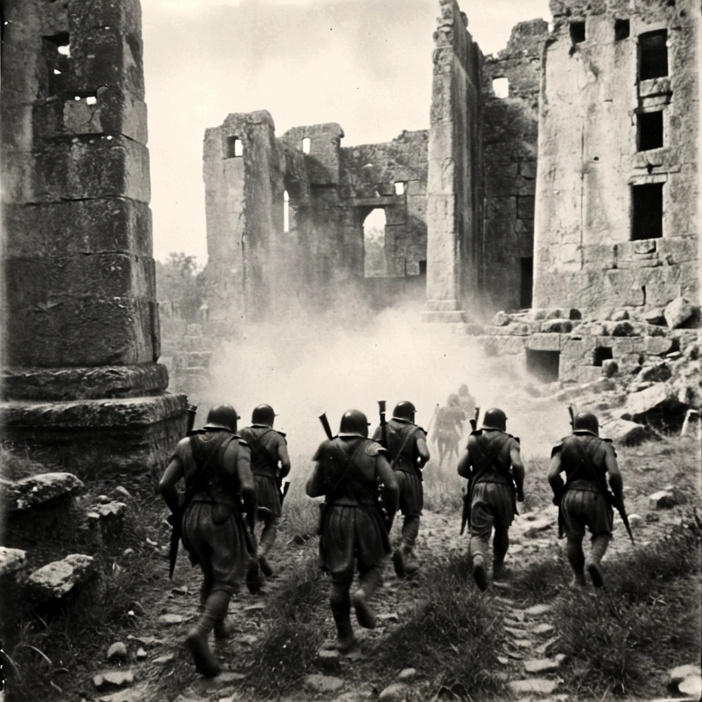 black and white, grainy old footage, 35mm vintage, frightened soldiers running from two giant-spartan soldiers among ancient ruins