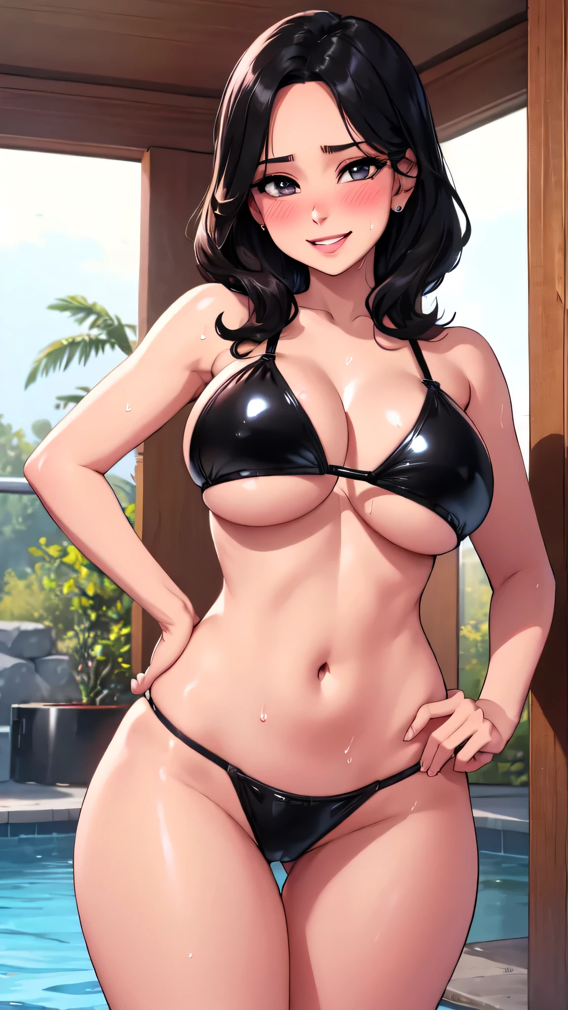 Mina, (detailed lighting, extremely detailed skin, extremely detailed hair, shadows, 8k), looking at viewer, (High Key Lighting); black hair,d, fit figure, (Grinning smile) ,(((blush))))), ((large udder)) , sexually aroused, absurdres, attractive, ultra high res, ultra realistic, highly detailed, golden ratio,  ((micro latex black bikini))) , thin upturned nose, orgasmic expression, defined figure, thick legs, thin waist, huge breasts, detailed delicate hands,gigantic cleavage breasts , huge breasts,Cleavage is seductive，exhilarated，areola of breast，hick thighs, glossy, shiny breasts, sagging breast,poolside, wide hips, wide hips,sweat body, wet body, light,standing,hands on hips,cleavage, close up