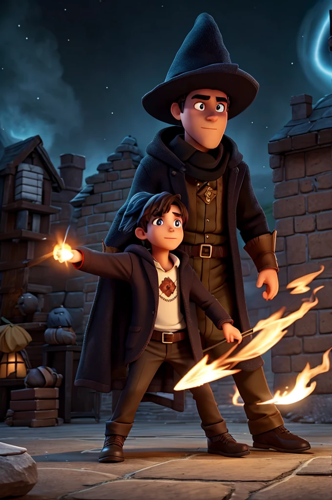 Dark wizard being beaten by young fire wizard