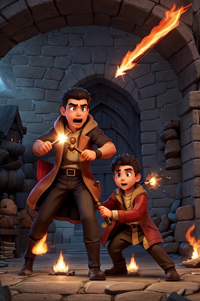 Dark wizard being beaten by young fire wizard