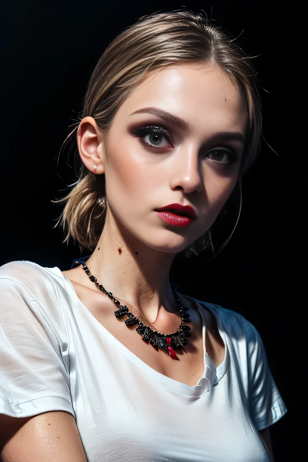 (masterpiece, photorealistic:1.4, extremely intricate:1.3, radiosity, photon mapping, dtx, 8K), ((((closeup necklace, white t-shirt, humid)), humid, [skin detail:freckles:0.6], makeup:1.6, red lips, 19 year teenage supermodel), dark room, ((black background, dark room, empty room, makeup:1.2)))