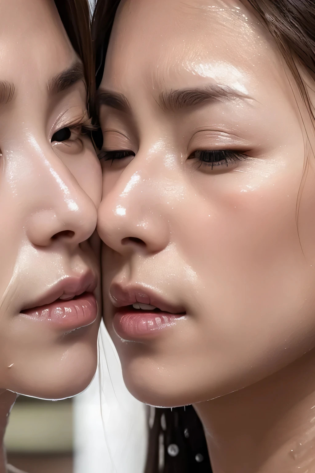 Image of a woman,、Face close-up、Smooth Skin、masterpiece、Highest quality、8K Photo、((close your eyes and open your mouth slightly))、close your eyes、Suffering face、(Wrinkles around the eyes:1.2),woman, 20-year-old、Middle-aged woman、Get closer to the audience、Wet lips、kiss pov,tilt your face slightly to the left、薄Dark Room、Dark Room、(Oily skin、Sweat, skin shining with Sweat,)Head is up,From below,(Symmetrical nose,)(((face-to-face)))