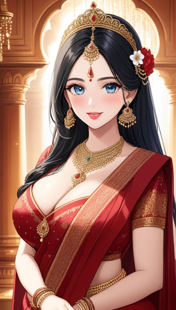 Hot sexy beautiful princess,   long sparkling heavy diva jhumka earrings,big breasts, ,black hair ,blush,blue eyes, smiling,red lipstick, chandelier jewelry,makeup, ornament, chandelier necklace,waist chain, rings,bangles,hair flower brochure,hair pins,hair chain, royal palaces and grand architecture, Traditional Indian wedding sari, elegant draping style, intricate floral motifs, handwoven silk material, embellished with sequins and beads, sparkling gemstones and gold accents, artistic rendering of Indian culture, traditional jewelry and accessories,  traditional wedding saree, princess crown , detailed nose, detailed face, detailed lips,anklet,waist chain,mangal sutra