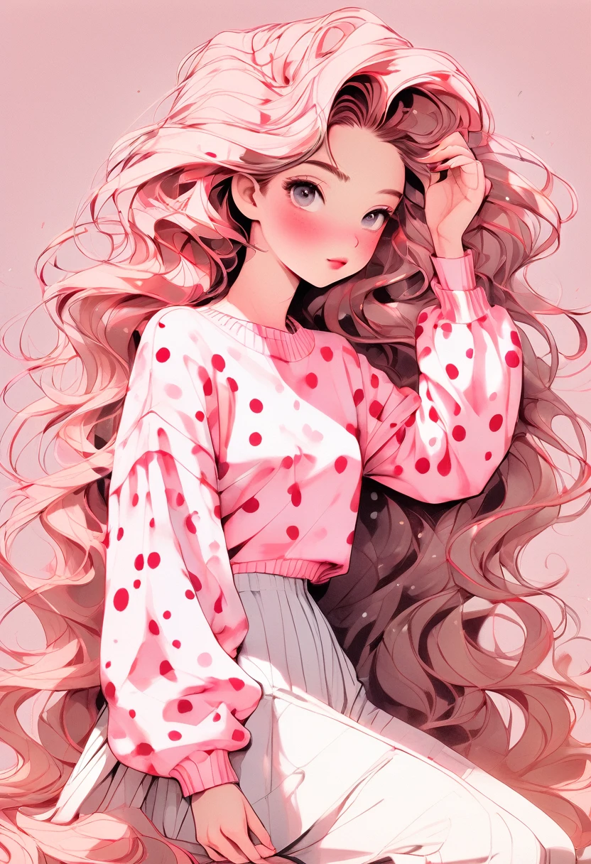 (Highest quality,4K,8K,High resolution,masterpiece:1.2),Super detaileded,(Actual,photoActual,photo-Actual:1.37),Unique Look,Lovely girl sitting,Long neck,Big Head,Exaggerated Hair,fluffy hair,Small freckles,Exaggeration,Surrealism,Pink polka dot sweater,detailed,horse hair,fluffy,socks,Clean background,Hand-drawn style,Pencil drawing,Lovely,Smooth lines,Clean silhouette,Beautiful composition、Park bench、Hair dancing in the wind