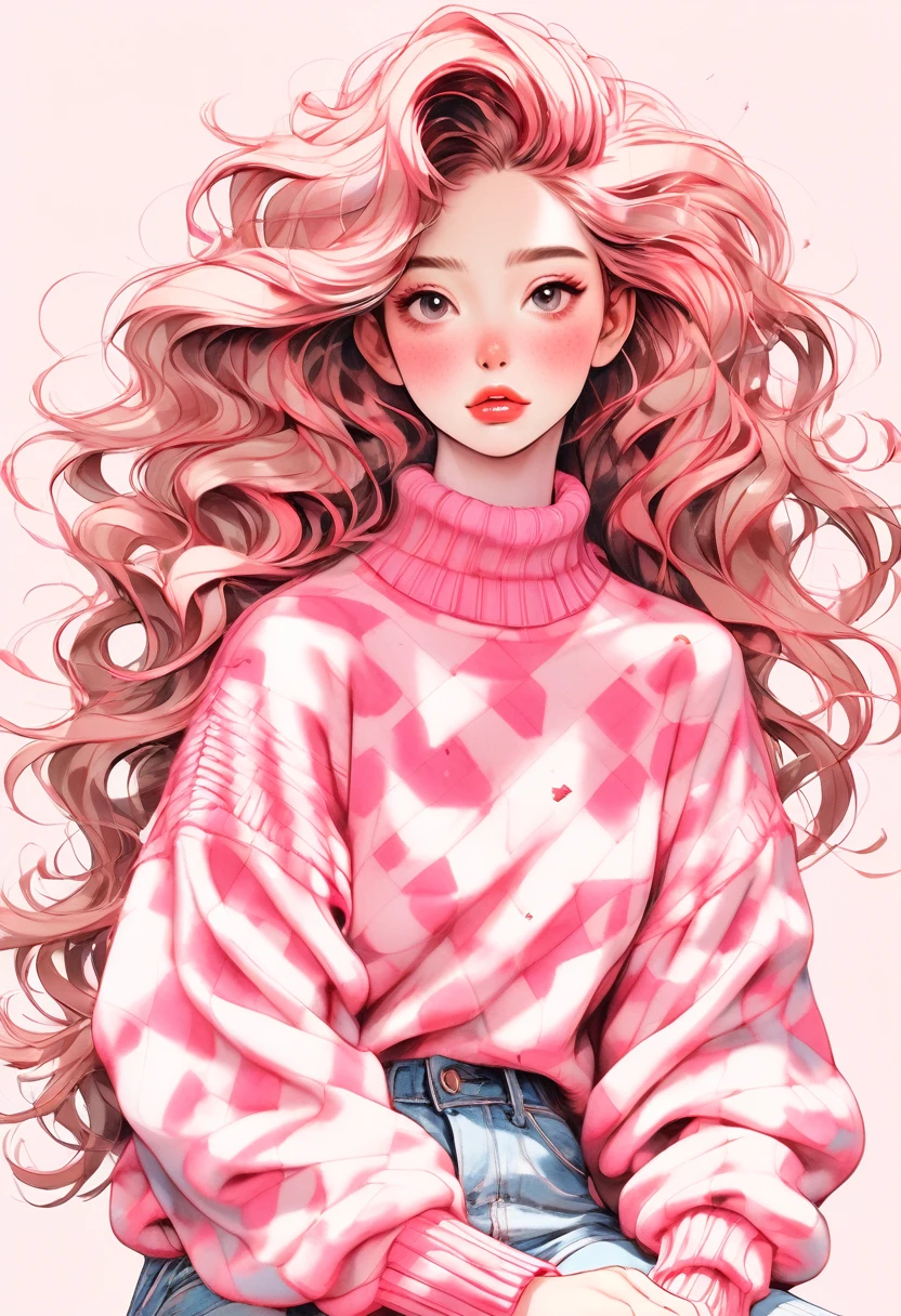 (Highest quality,4K,8K,High resolution,masterpiece:1.2),Super detaileded,(Actual,photoActual,photo-Actual:1.37),Unique Look,Lovely girl sitting,Long neck,Big Head,Exaggerated Hair,fluffy hair,Small freckles,Exaggeration,Surrealism,Pink polka dot sweater,detailed,horse hair,fluffy,socks,Clean background,Hand-drawn style,Pencil drawing,Lovely,Smooth lines,Clean silhouette,Beautiful composition、Park bench、Hair dancing in the wind