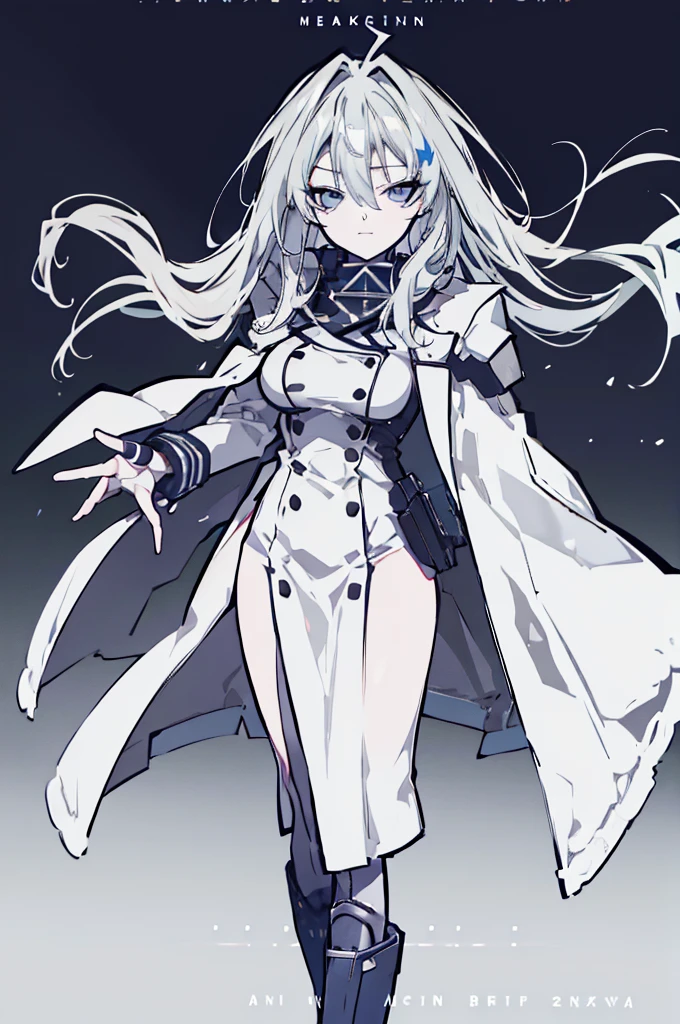 ((Pixiv)),(masterpiece_portrait),(Color Field),(Cyberpunk),(Full Metal Panic),(10s-anime-aesthetic), 1girl, light smile, curvy, large breasts, sharp face, spiked_hair, two-tone hair, white hair, gray hair, hair between eyes, very_long_hair, half closed eyes, sky blue eyes, Closed mouth, reaching out, cowboy shot, Standing, Clenched_hand, Black leotard, Over-kneehighs, White Overcoat, capelet, high_heel_boots