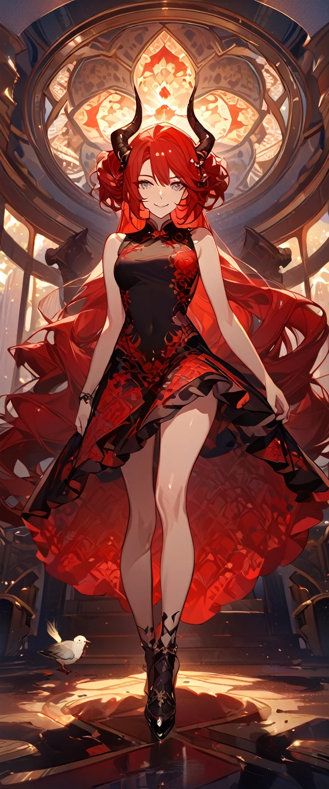 masterpiece, best quality, 8k ,4k , 1girl, teenage girl, dragon girl, red hair, gray eyes, big boobs, slender waist, small waist, small thigh, horn, hair ornament, finely detailed eyes and detailed face, looking at viewer, Black sleeveless top, gradually transparent embroidery skirt, skirt to the knee, majestic looks, smiling gently, Lace dress, patterned clothes, red scale scattered pattern clothes, meticulous clothes, revealing clothes, mature clothes, majestic looks, smiling gently, small bird, full body, artist : ask, art style : ask
