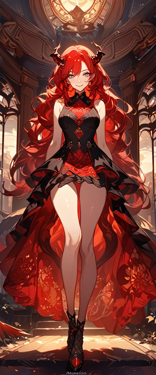 masterpiece, best quality, 8k ,4k , 1girl, age girl, dragon girl, red hair, gray eyes, big boobs, slender waist, small waist, small thigh, horn, hair ornament, finely detailed eyes and detailed face, looking at viewer, Black sleeveless top, gradually transparent embroidery skirt, skirt to the knee, majestic looks, smiling gently, Lace dress, patterned clothes, red scale scattered pattern clothes, meticulous clothes, revealing clothes, mature clothes, majestic looks, smiling gently, small bird, full body, artist : ask, art style : ask