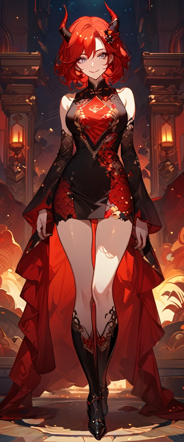 masterpiece, best quality, 8k ,4k , 1girl, teenage girl, dragon girl, red hair, gray eyes, big , slender waist, small waist, small thigh, horn, hair ornament, finely detailed eyes and detailed face, looking at viewer, Black sleeveless top, gradually transparent embroidery skirt, skirt to the knee, majestic looks, smiling gently, Lace dress, patterned clothes, red scale scattered pattern clothes, meticulous clothes, revealing clothes, mature clothes, majestic looks, smiling gently, small bird, full body, artist : ask, art style : ask