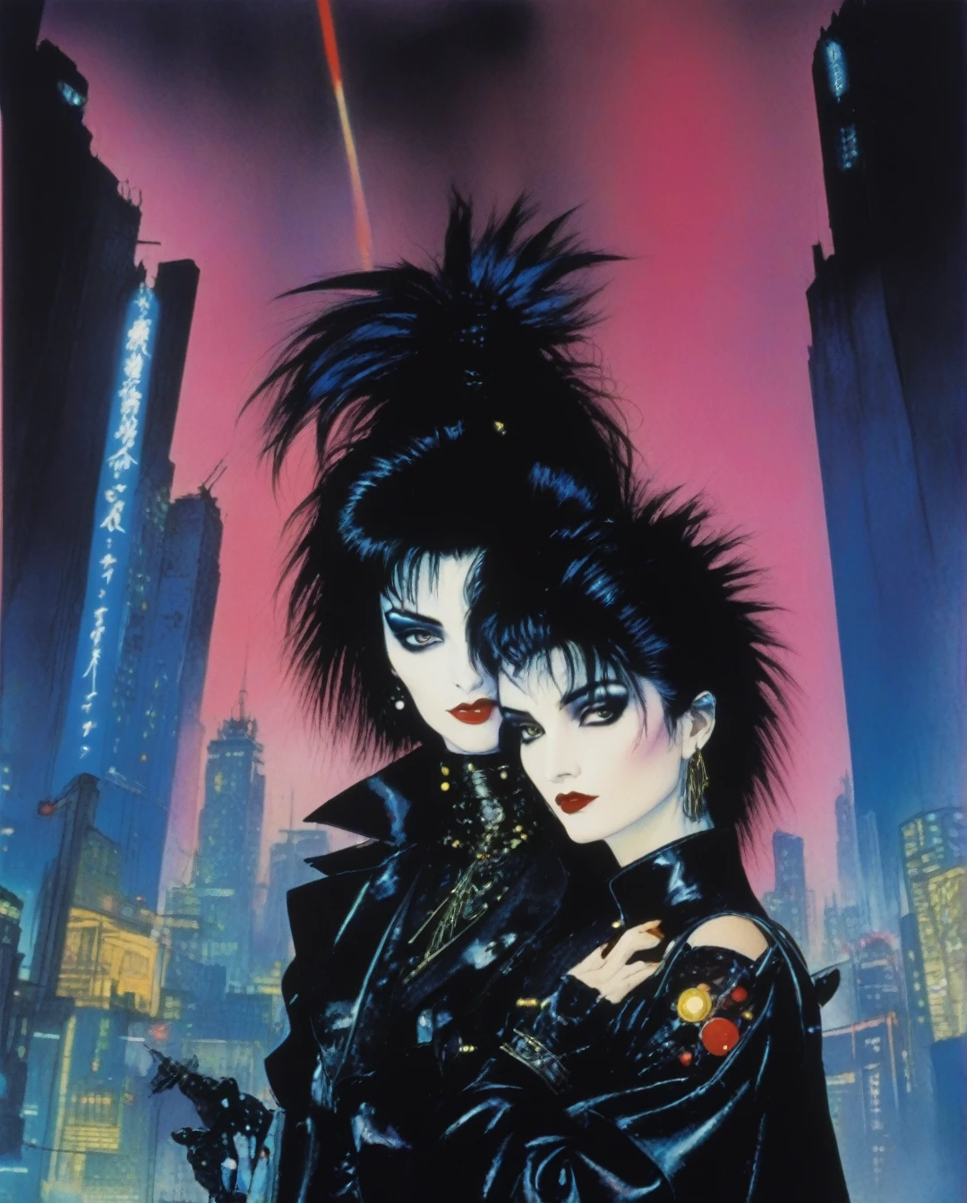 amano yoshitaka, 80s, 1girl, goth, siouxsie, michelle pffifer, cyberpunk, futuristic city background, 80s movie poster art style,