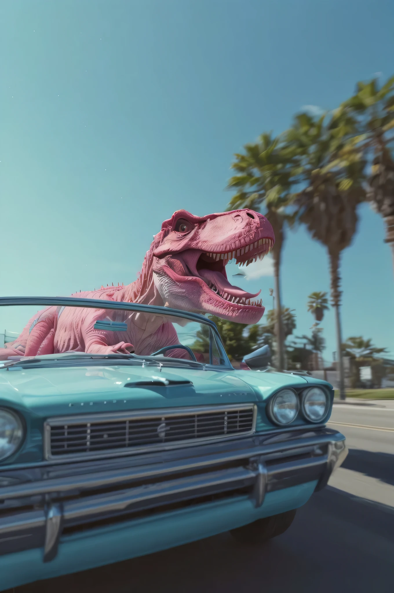 pink t-rex driving a vintage convertible in los angeles suburbs, 3d animation character style