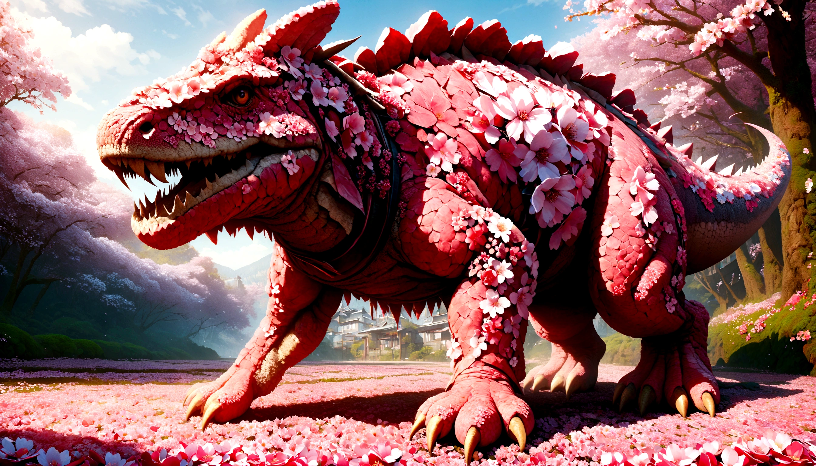 quality\(8k,wallpaper of extremely detailed CG unit, ​masterpiece,hight resolution,top-quality,top-quality real texture skin,hyper realisitic,increase the resolution,RAW photos,best qualtiy,highly detailed,the wallpaper\),Pink dinosaur with beautiful cherry blossoms blooming all over its body, made of cherry blossoms,cute, skin all overed with cherry blossom flowers, cherry blossoms everywhere\),dynamic pose,full body,scary,dynamic angle,outside