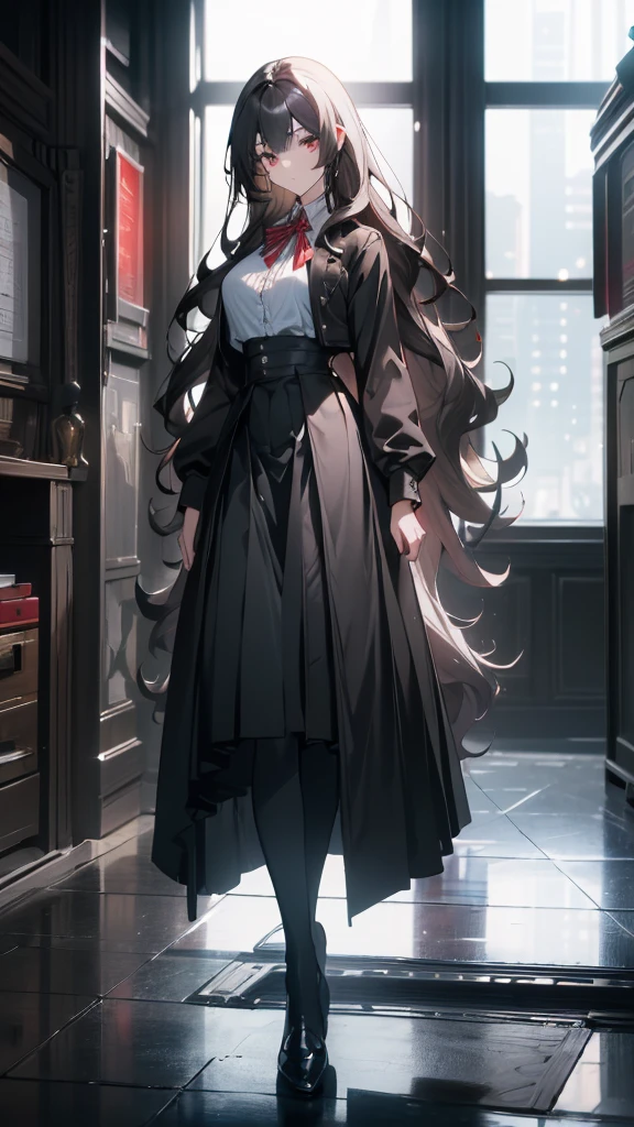 ((masterpiece, best quality)), Delicate face,High School Suit Jacket、Long skirt、JK style,Full body painting,Perfect body proportions,Large Breasts,Long legs,((Long wavy hair)), ((Half of her hair is white,The other half is black,Available in two colors)),Nice red eyes,Fantasy style,Extremely beautiful,Pantyhose