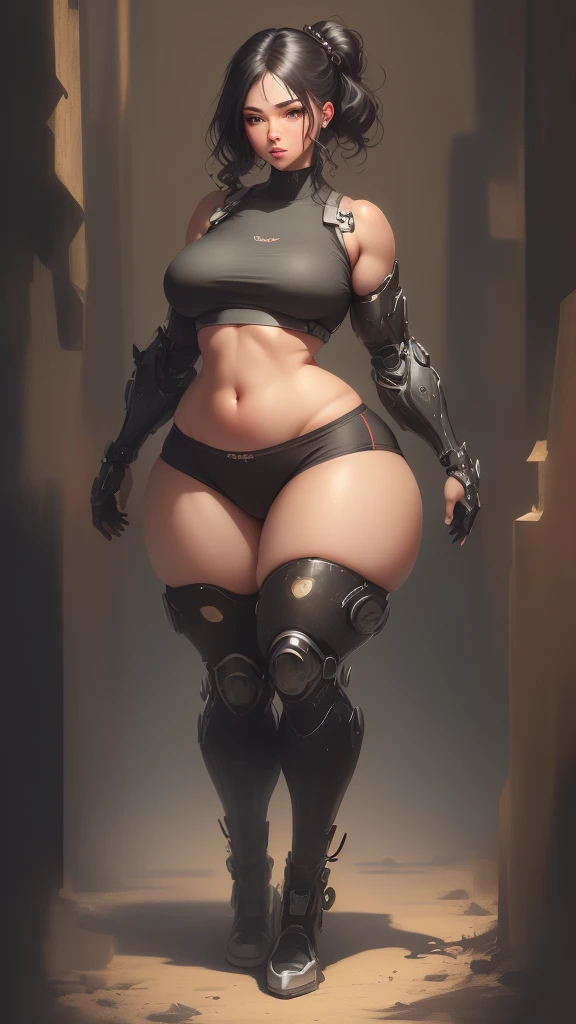 (((Defined women's body))), (((thick thighs))), Cybernetic body parts, (((short underwear))), (((ultra detailed skin))), (((small waist) ), (((defined abdomen))), (((full body))), (((curvy body))),