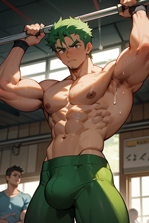 Roronoa Zoro from One Piece. Gym setting. Hypnotized to lift dumbbells. Lifting partners. Mindless. brainless. IQ drain. Bodybuilder jock conversion. Assimilation. Blank stares. Mouth hanging open. Colored. Vapid. Dull gaze. Glazed eyes. Dazed. Bruh. Brute. Impossibly large muscles. Sweaty. Vapor from armpits. Bodybuilder repeats hypnotic mantras in their ears. Hypnosis. Sweaty. Dumb jock. Musclehead. Meathead. Bro. Brainwashing. Brainwashed. Brain to brawn. Meatheadosis. Gym rat. Hyper biceps. Hyper triceps. Hyper traps. Hyper pecs. broad shoulders. Hyper muscles. Huge bulging crotch. Hyper crotch bulge. Massive crotch bulge. Dumb jock bro. Repeating mantra in trance with dull blank dimwitted dumb stare over and over again. "I sweat for Coach... I flex for Coach.... I listen and obey.... The armpits, bro, where hair must grow. Present them every day... Your big dumb jock whose muscles rock.... I hear, and I obey.... Yes, Coach. Dumb jock must stay.... I love to be dumb. I love not to think. Big muscles, big hair, and dumb jock stink. Grow bigger and hairy every day. The bigger my bulge, the more I obey.... I obey... I ... obey...." Thick hairy armpits. Hirsute.