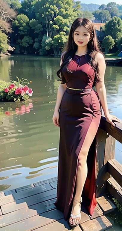 Burmese girl Purple red Silk dress attractive curvy full body.  Friends full-length bikini, ( Dress too shiny dress) reflective long dress painted with flower patterns, only dress.  hi gh hips  High resolution  High resolution  natural background  High resolution  HD  3D,  8K cartoon anime 