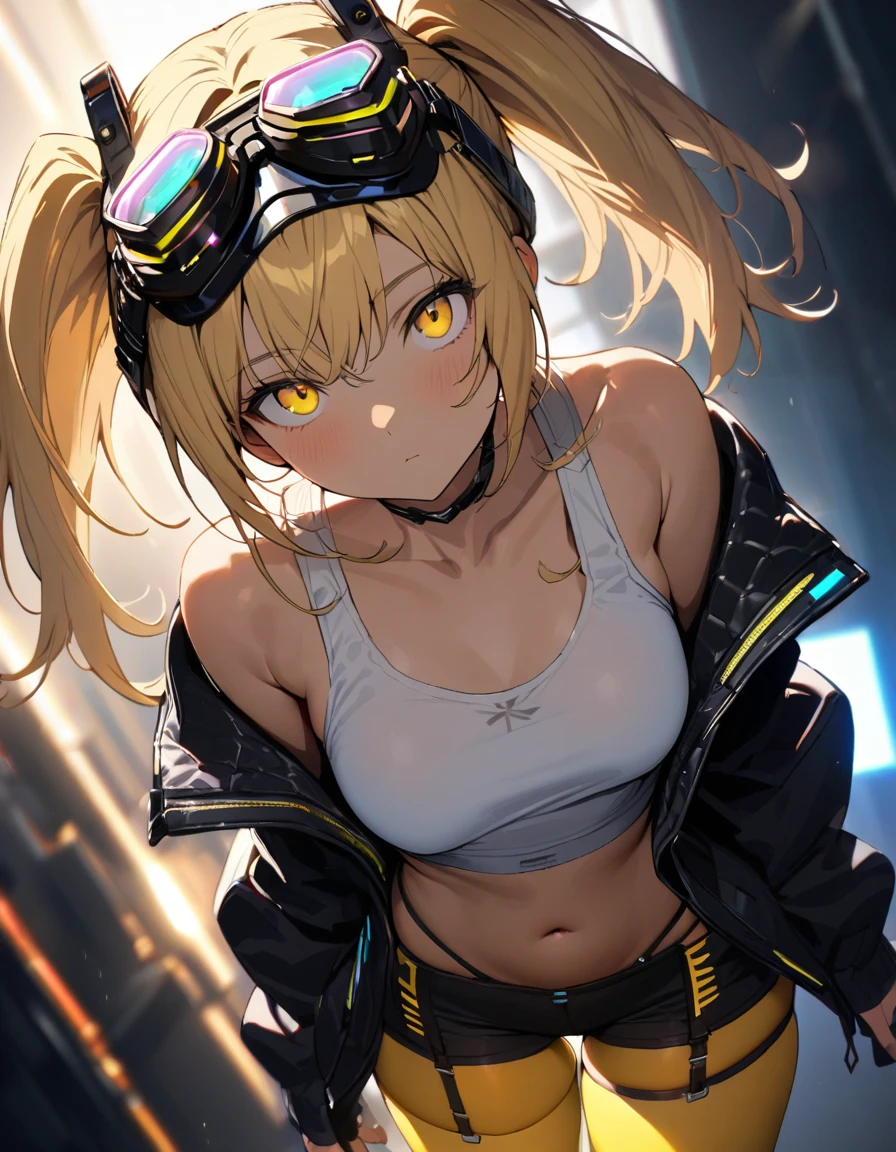 a handsome girl, solo, blond hair, twintails, yellow eyes, cyber punk black jacket, white tank top, goggles on head, [navel], off shoulder, open jacket, black shorts, garter rings, yellow tights, lighting forward
expressionless, blurry background, perfect lighting, perfect angle, masterpiece, best quality, extremely detailed face,