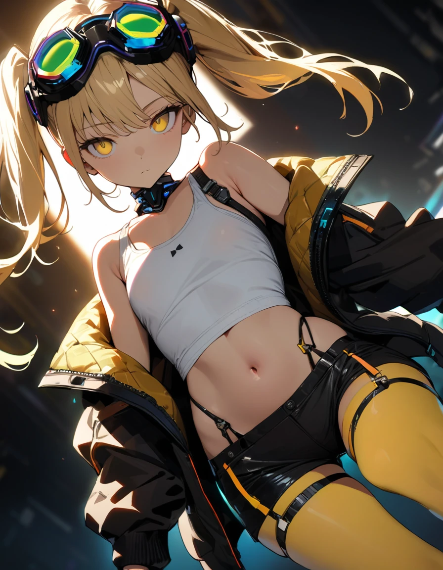 a handsome girl, solo, blond hair, twintails, yellow eyes, cyber punk black jacket, white tank top, goggles on head, [navel], off shoulder, open jacket, black shorts, garter rings, yellow tights, lighting forward
expressionless, blurry background, perfect lighting, perfect angle, masterpiece, best quality, extremely detailed face,