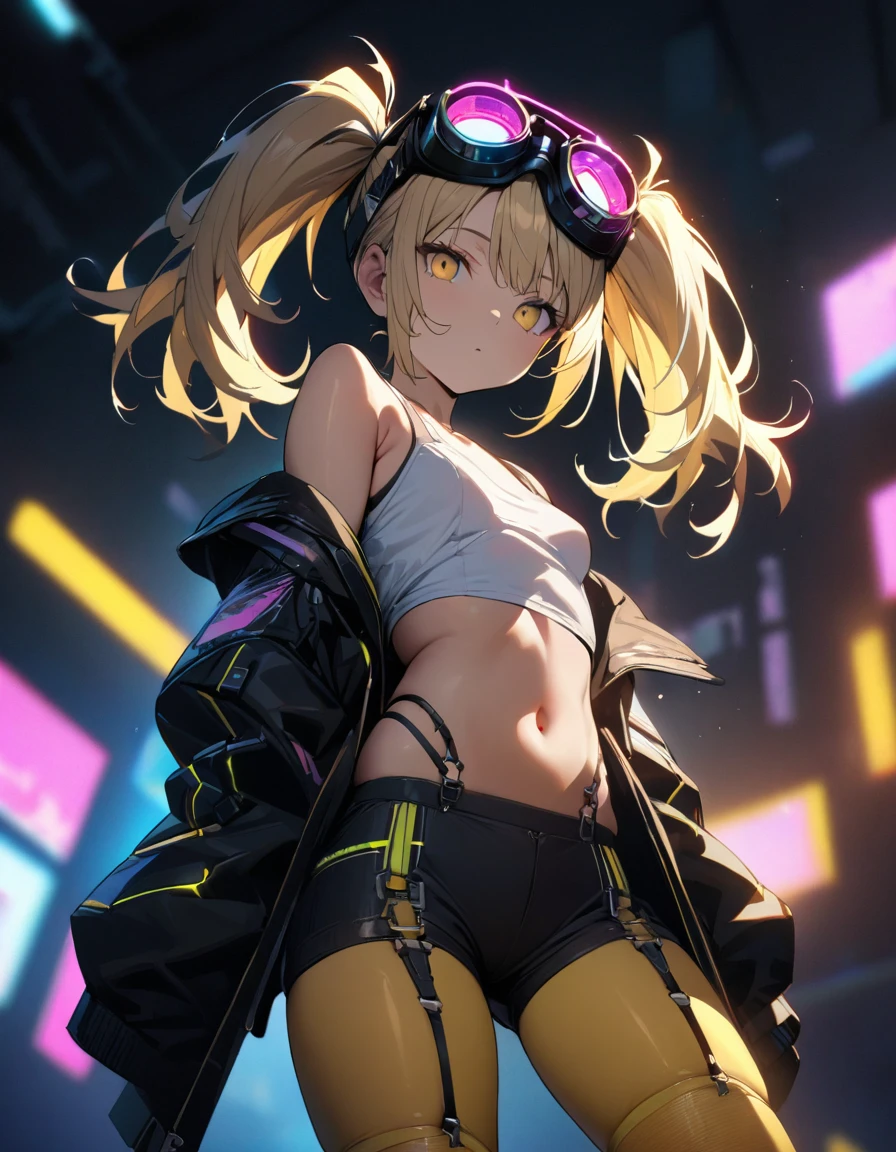 a handsome girl, solo, blond hair, twintails, yellow eyes, cyber punk black jacket, white tank top, goggles on head, [navel], off shoulder, open jacket, black shorts, garter rings, yellow tights, lighting forward
expressionless, blurry background, perfect lighting, perfect angle, masterpiece, best quality, extremely detailed face,