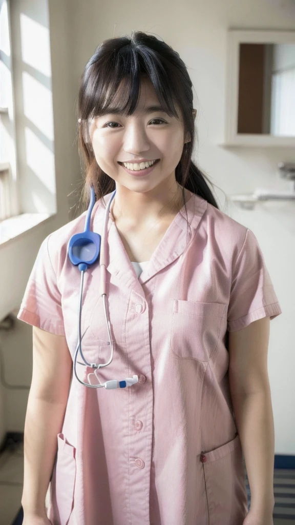(a picture of Yuno Ohara, nurse, smile, infirmary, posing:1.3), (detailed lighting, extremely detailed skin, extremely detailed hair, shadows, 8k), looking at viewer, (High Key Lighting), masterpiece, top quality, best quality, official art, unity 8k wallpaper, highres, ultra-high res, ultra-detailed, beautiful and aesthetic