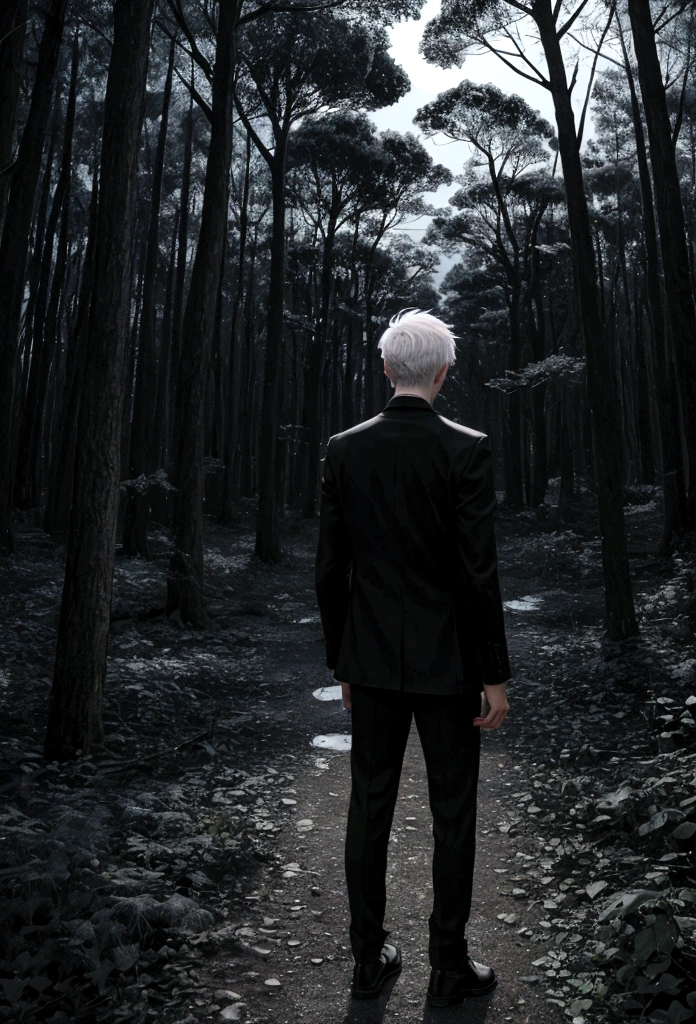 a white-haired young man has his back to the vieweri n the middle of a dark forest lit by moonlight.Amidst blood-stained dandelions.black jacket and black trouser.