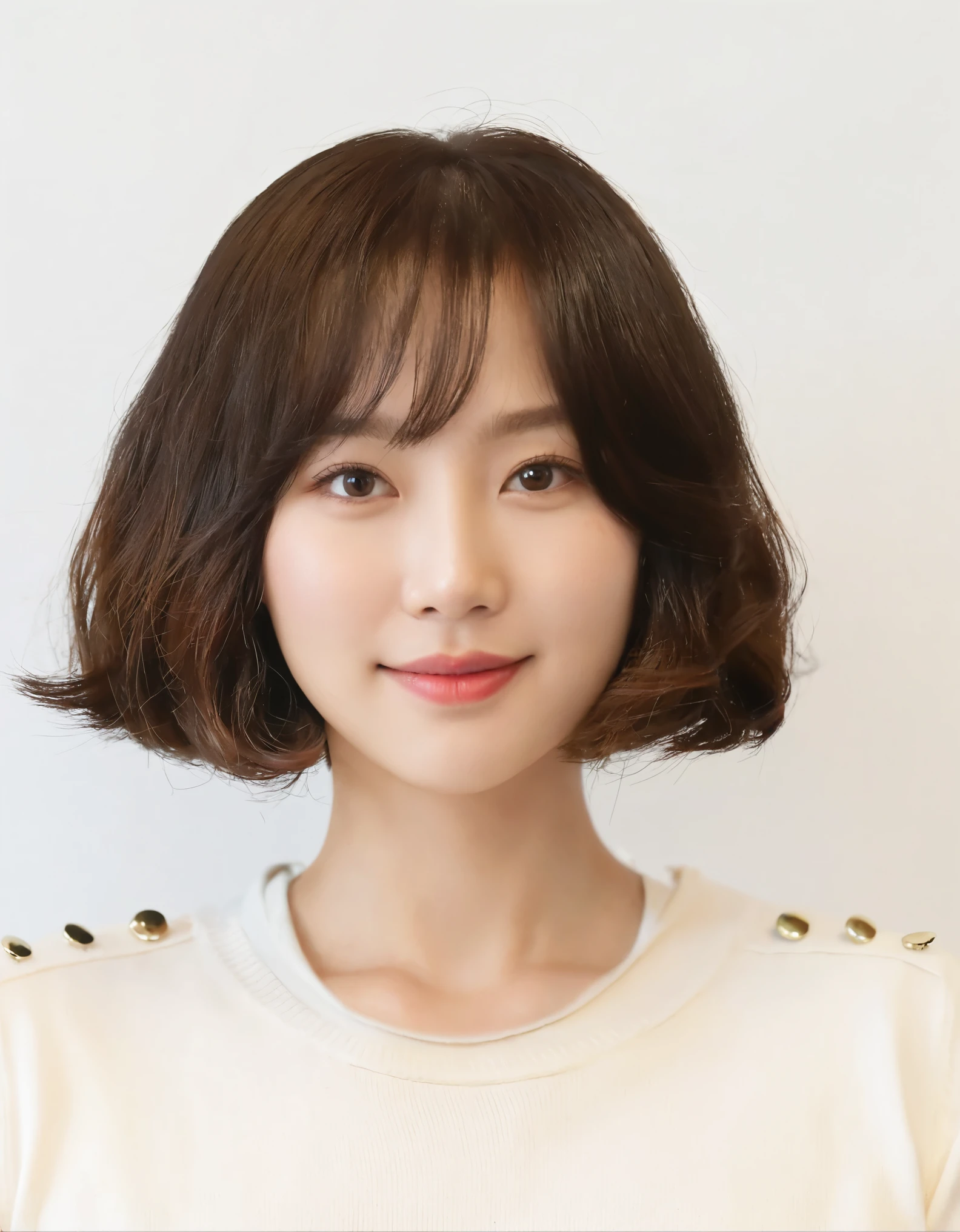 Best Quality, 8k, Masterpiece, (Portrait: 1.3), (photo realistic:1.4), (hyper realistic:1.4), Sharp Focus, looking at viewer, (smoother lighting:1.1), (increase cinematic lighting quality:0.9), realistic lighting, backlighting, light on face, ray trace, (brightening light:1.2), (Increase quality:1.4), sharp detail, (best quality real texture skin:1.4), finely detailed eyes, black_eyes, finely detailed face, 25 year old Korean woman, (gray blouse:1.4), (Create an image maintaining the original base model hairstyle:1.5)