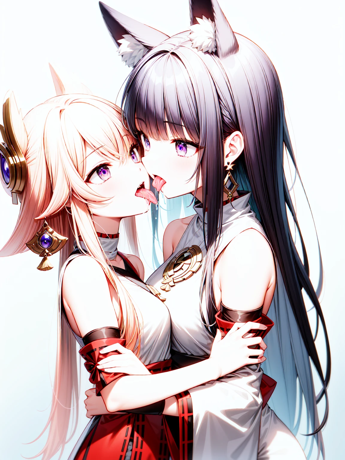 yaemikodef, multiple_girls, 2girls, raidenshogundef, purple_eyes, yuri, tongue, french_kiss, pink_hair, purple_hair, saliva, kiss, tongue_out, looking_at_another, long_hair, fox_ears, animal_ears, open_mouth, saliva_trail, blush, earrings, jewelry, bangs, bare_shoulders, eye_contact