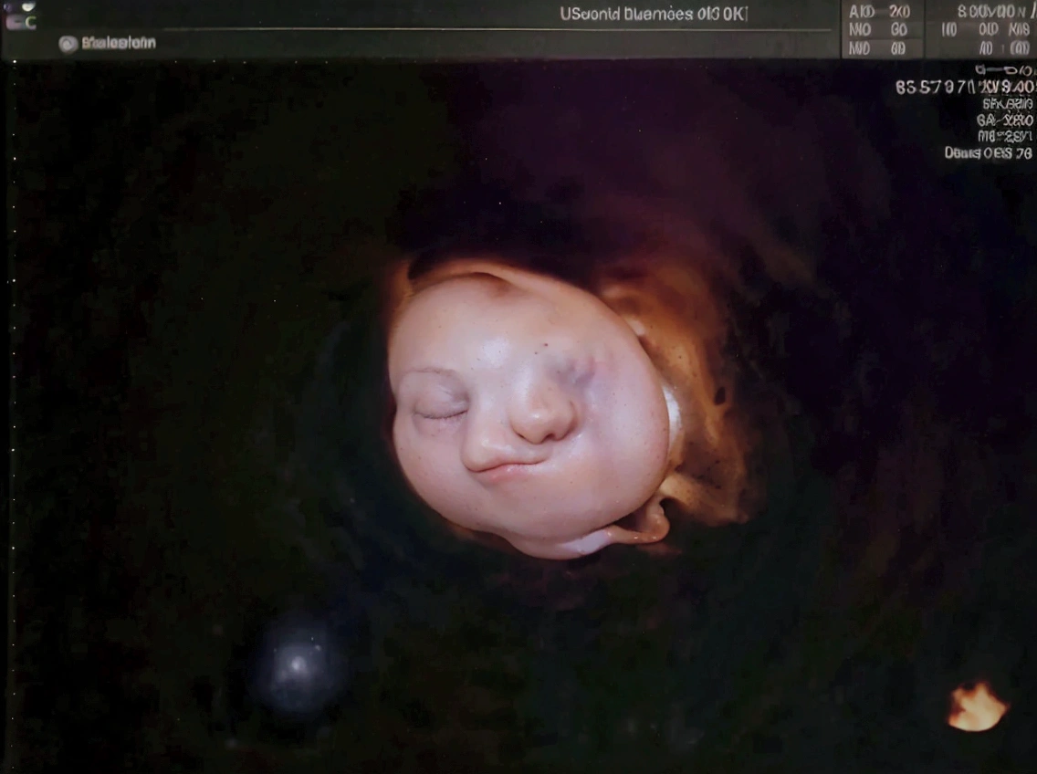Enhance this 4D ultrasound image of a 32 weeks fetus. Arafed image of a baby's face, fetus, high-resolution scan, Very chromatic aberration, extremely high-quality scan, Hyper-realistic simulation, high-quality scan, Bump mapping, High-quality 3D realism, simetry! human fetus, Realistic flesh texture, Heavy JPEG artifact blurred, Highly realistic bump mapping, high-resolution scan. A close-up image of a head with an image of a 32 weeks fetus, high-resolution scan, high-resolution scan, Escaneo 4K, Escaneo 4K, Escaneo HD, fetus, Close - IP shot, Tapa de pantalla, Medical imaging, Highly coherent image, Detailed analysis, screen capture, extremely high-quality scan, 8K scan, 8K scan, Detailed screen capture. face in profile. eyes closed