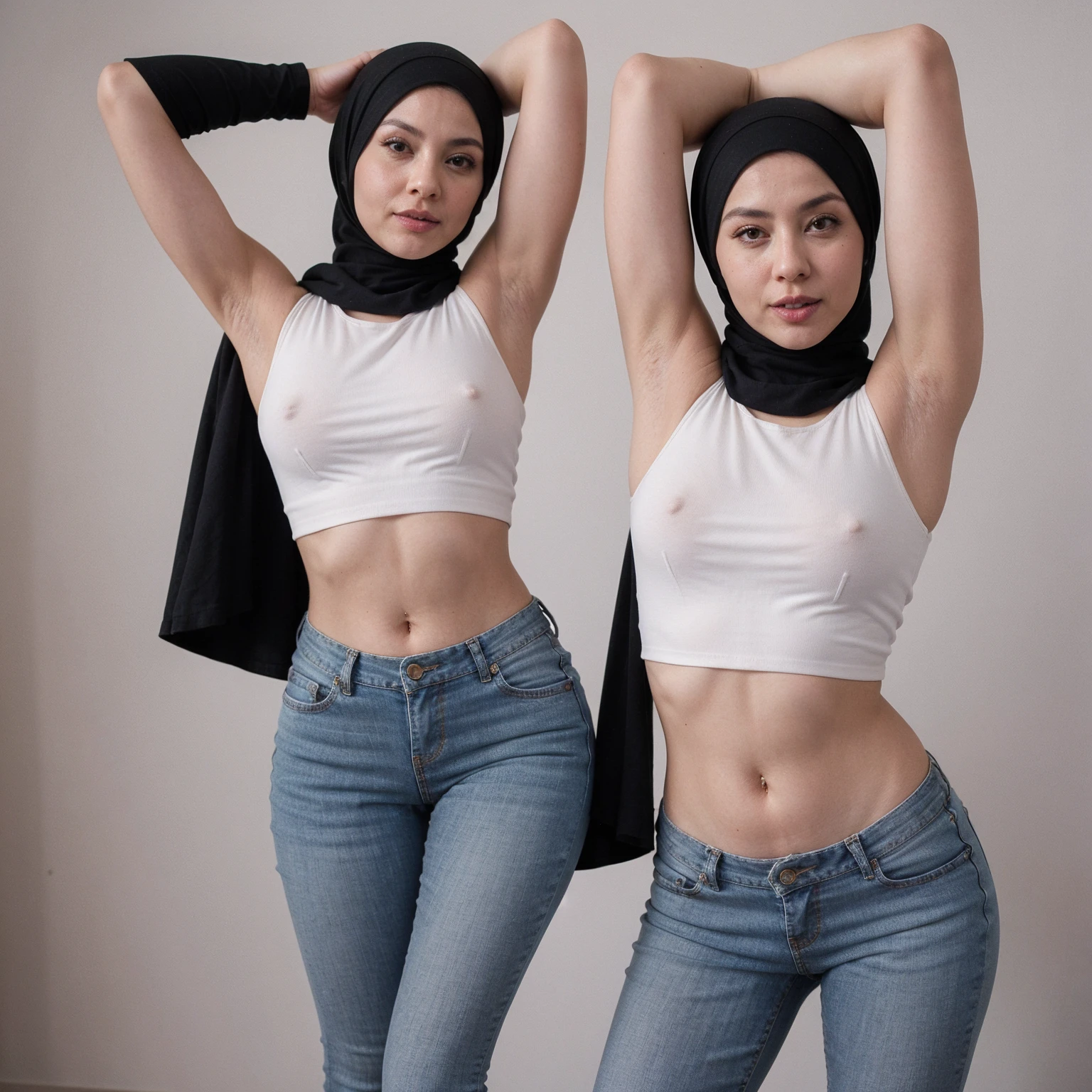 A milf wearing a hijab, Wear tight Croptop and wear short hot jeans, lick armpits poses, blank background,