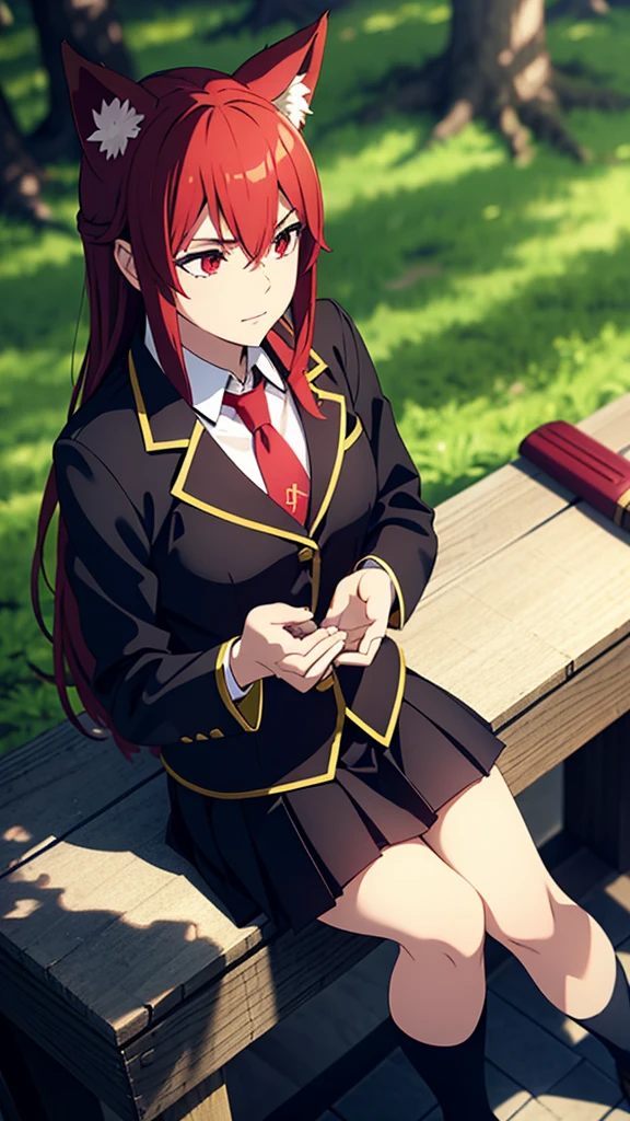 1girl ,20s,mature female,serious,red hair,red eyes,long hair,fox ears,necktie,black jacket, blazer,long sleeves,pleated skirt,sitting,university,(dappled sunlight:1.2),blurry,(depth of field:1.1),looking up,from above