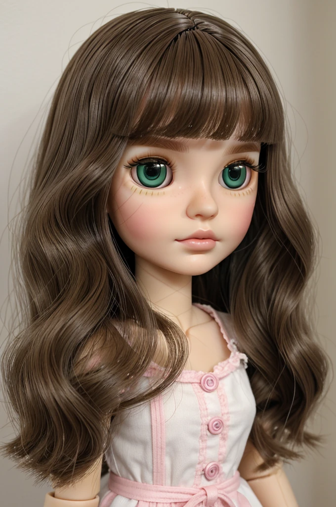 create one blythe doll with the following characteristics: white skin, dark green eyes, long eyelashes, light brown hair wavy and without fringe and medium pink lips