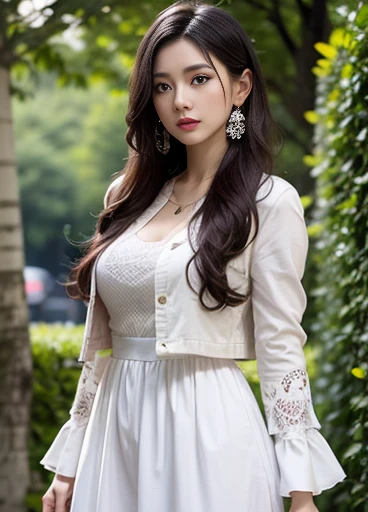 Close-up of a woman in a white dress and jacket, Zhang Han&#39;s realistic paintings, Incredibly beautiful proportions、Ultra detailed nipples、Beautiful areola、Trending on Art Station, Fantasy art, perfect have Gray Hair girl, have Gray Hair, has long Gray Hair, Gray Hair, หญิงสาวที่have Gray Hair, ทีฟา ล็อกฮาร์ต Gray Hair, have Gray Hair lady, Gouache style artwork((Realistic Light, Highest quality, 8K, masterpiece :1.3)), Frank, One girl, Beautiful woman with perfect figure :1.4, Cleavage、Belly button、Photographing the crotch、