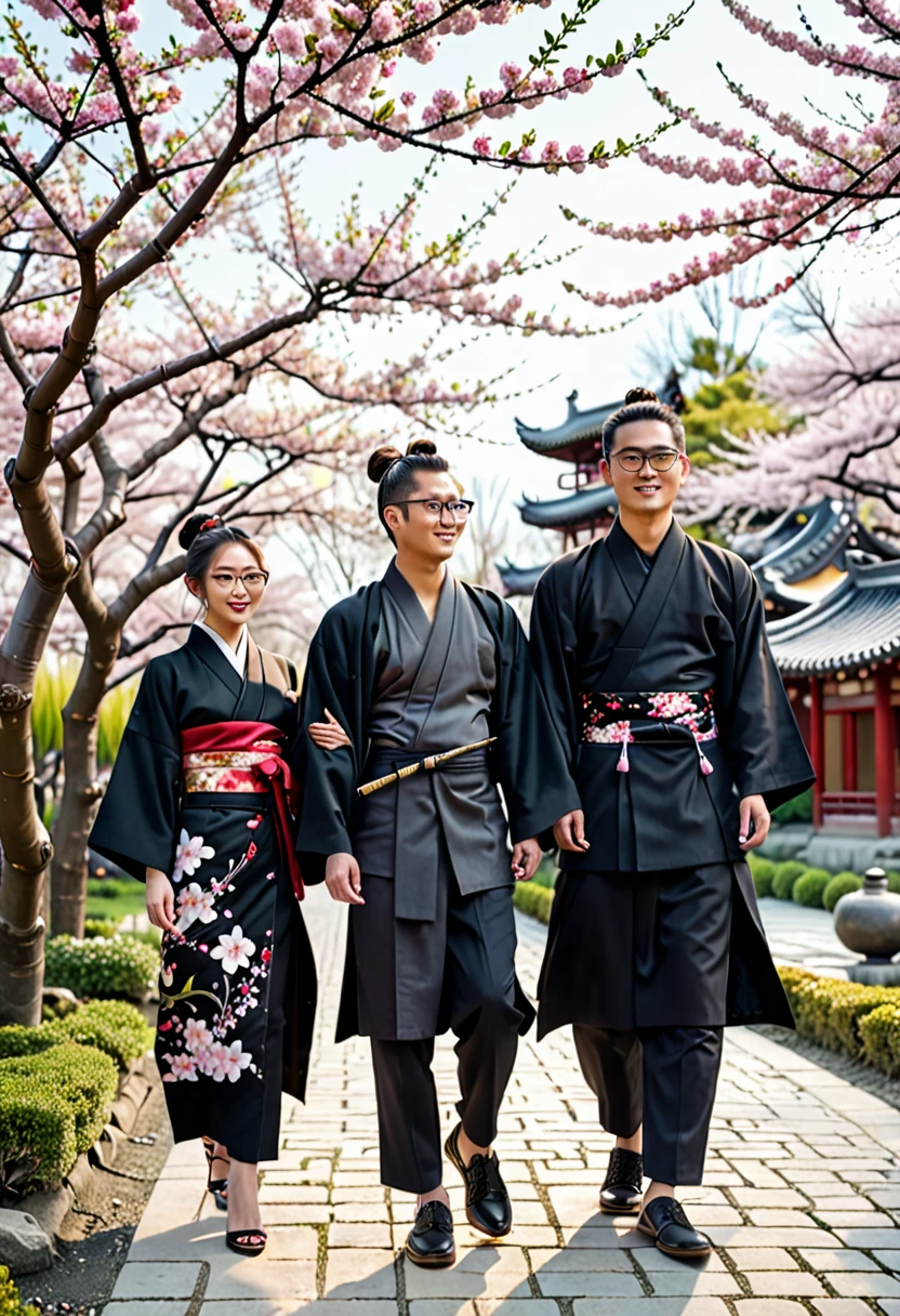 a young man wearing glasses from Indonesia, man bun, wearing a black coat, black shirt, black trousers, shoes, holding two beautiful women, the first woman wearing Chinese clothes, the second woman wearing a kimono, walking, full body, cherry blossom garden in the background, realistic, looks real, ultra HD, perfect lighting, angle from below