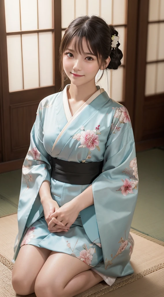 (Photorealsitic:1.4), (Top image quality:1.0), (超A high resolution:1.0), 8K, Raw photography, (masterpiece:0.2), (pureerosface_v1:0.5)、(Best Quality Detail:1.2)、realisitic、8K UHD、hight resolution、(1girl in:1.2)、The ultra-detailliert、High quality textures、intricate detailes、detaileds、Very detailed CG、High quality shadows、Detail Beautiful delicate face、Detail Beautiful delicate eyes、depth of fields、Ray traching,1girl in, japanaese girl, Cute, slender, Black kimono, Kimono with Japanese pattern,Floral scrunchie, Beautiful skin, Facing the front,Sit down, Sit upright and say thank you,Align your hands elegantly,Smile faintly The Land of Japan,Japanese garden,Luxury Japanese-style room, skyporn, Magic Hour, (Realistic:1.3), Finely detailed, quality, (masutepiece:1.2), (Photorealistic:1.2), (Best Quality), (Intricate details), Dramatic, Ray tracing, photograph, +Lola