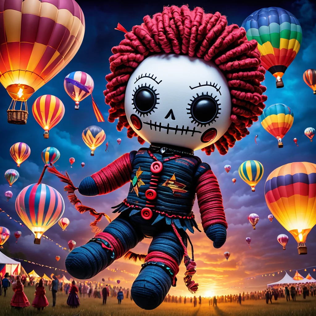 (knitted toy voodoo doll:1.7), (Voodoo at a Hot Air Balloon Festival:1.3), (Clothing: festival attire with glowing balloon patterns:1.0), (Accessories: enchanted balloon emitting sparks of flight magic, levitating festival flags:1.1), (background: mystical festival grounds with floating hot air balloons, glowing crowds, and spectral balloonists:1.2), best quality, masterpiece, detailed soft oil painting, detailed background, dramatic cinematic lighting, soft edge lighting, professional, dramatic lighting, hard edge lighting, ultra quality, 4k, masterpiece, best quality, 8k, ultra high definition, high resolution, extremely detailed