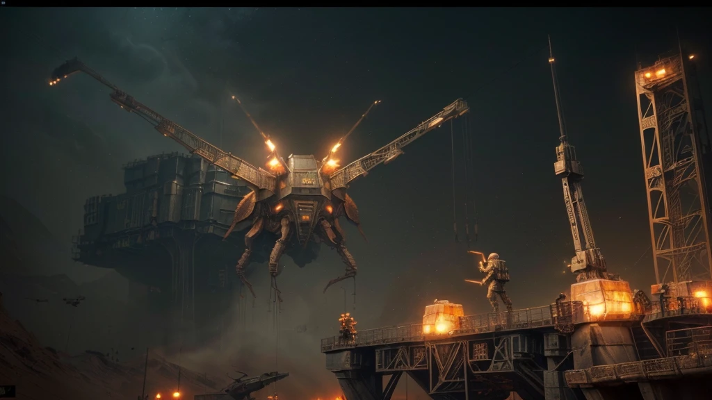 (((EATING A COMBAT MOLLE WITH CRANES ON A COMBAT BRIDGE ))), ((CARVED STEEL, IMPOSSIBLE), (FORCED PERSPECTIVE VIEW FROM BELOW OF Biomechanical ALIEN Creatures of Disgusting Alien Biology) biomechanical alien, unknown, extraterrestrial biology on unknown planet, HEAVY atmosphere with dust particles suspended in the air red - orange WITH SULFUR, (((cinematic lighting, VERY HIGH 4K RESOLUTION)))