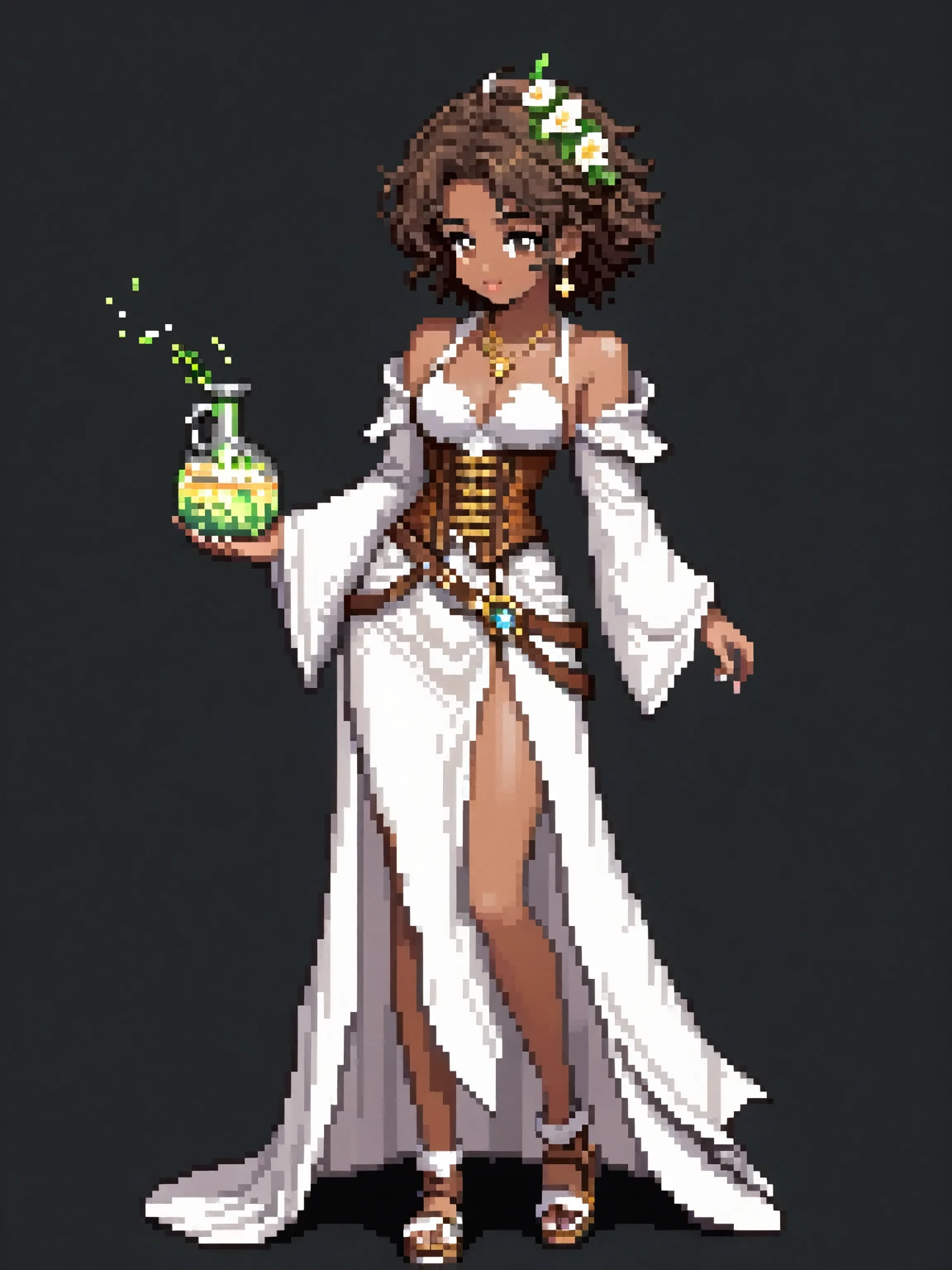 (Pixel art: 1.2), 1 young woman, 23 years old, dark skin, with medium dark brown curly hair held back by a cloth, wearing a medieval white robe with floral details, a light brown leather corset belt, a sheath for potions, gold earrings, a stone necklace, bandages on her left hand, robe covering her entire body, brown sandals, side view, visible lips and nose, Black background, strong physique, neutral expression.