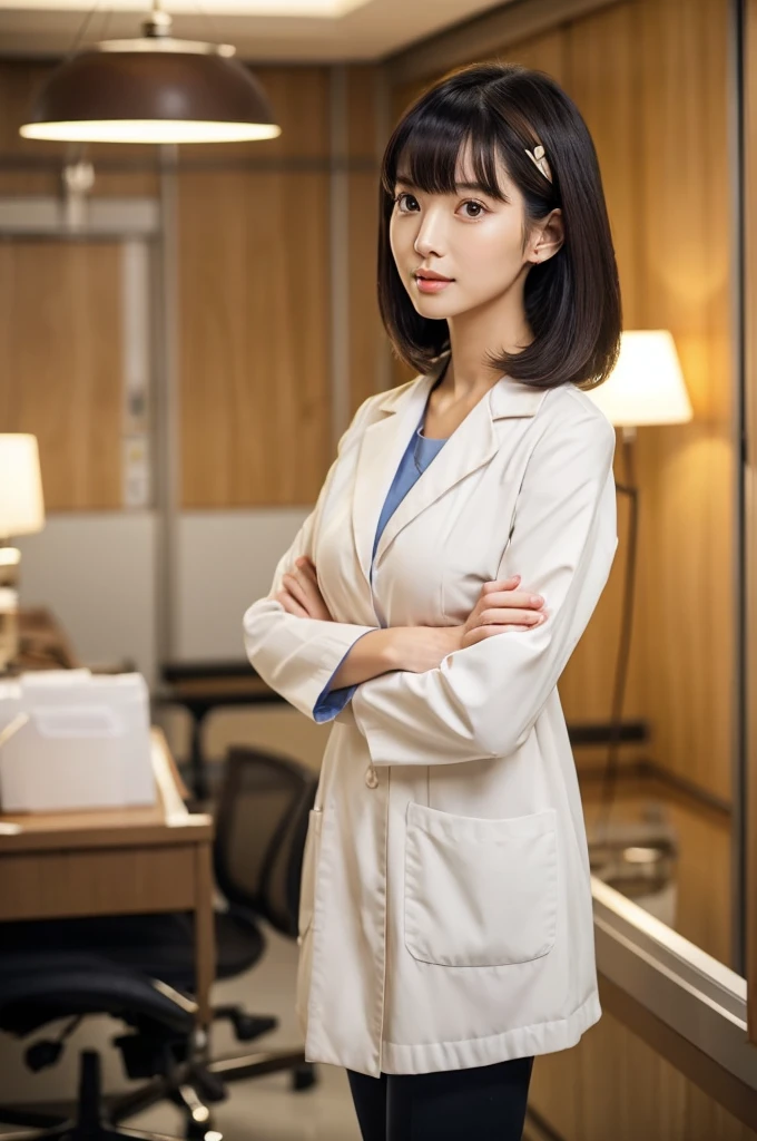 Hospital examination room, female doctor, ((full body)), ((photo)), ((best qualtiy, 8K, tmasterpiece: 1.3)), Focus: 1.2, perfect figure beautiful woman: 1.4, 1woman, cowboy shot, look at viewer, eyes facing the camera, incredibly absurd, beautiful and cute woman with a photorealistic face, showcasing top-quality craftsmanship, Japanese woman examining in a hospital examination room, 29 years old, hairstyle is a straight bob with long bangs, glossy black hair parted in the middle, thick and voluminous, elegant, fair and clear skin, large brown eyes, cool expression, long eyelashes, neat eyebrows, high nose, thin lips, natural complexion, fine skin, oval face, plump cheeks, long neck, small ears, beautiful nape, tall, slender, delicate, muscular and thin, slim frame, long and slender limbs, long fingers, large breasts of E cup, dressed as a doctor in a white coat, high heeled pumps, natural makeup, gold necklace, small earrings, watch on left arm, pretty older woman, beautiful, neat, cute voice, calm, gentle, responsible, professional, studious, kind, October