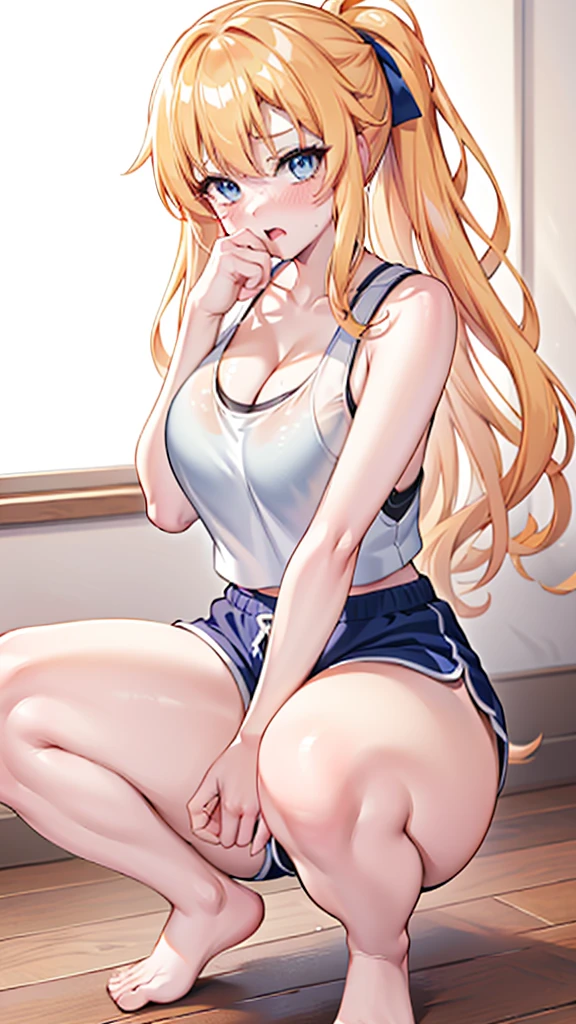 1girl, long blonde hair, blue eyes, wearing blue tank top and black dolphin shorts, no background, white background, absurdres, high res, ultrasharp, 8K, masterpiece, long legs, large breasts, thicc thighs, thighs shown, blushing, short shorts, barefoot, perfect hands, large ass, blushing, perfect hands, super closeup, large cleavage, wedgie, bra under tank top, tank top, anime line art, lineart, squatting on floor, squatting down, long legs, ponytail, tight dolphin shorts, light blue tank top, light blue tank top, squatting down, spread legs, open legs, one girl, butt shown, cross armed, cameltoe, squatting down, wedgie, facing viewer, viewer from front, front view, looking straight at camera, fingering, fingers in shorts, touching herself, female masturbation, reaching in shorts, squirting, embarrassed, fingering herself, in gym, squatting in gym