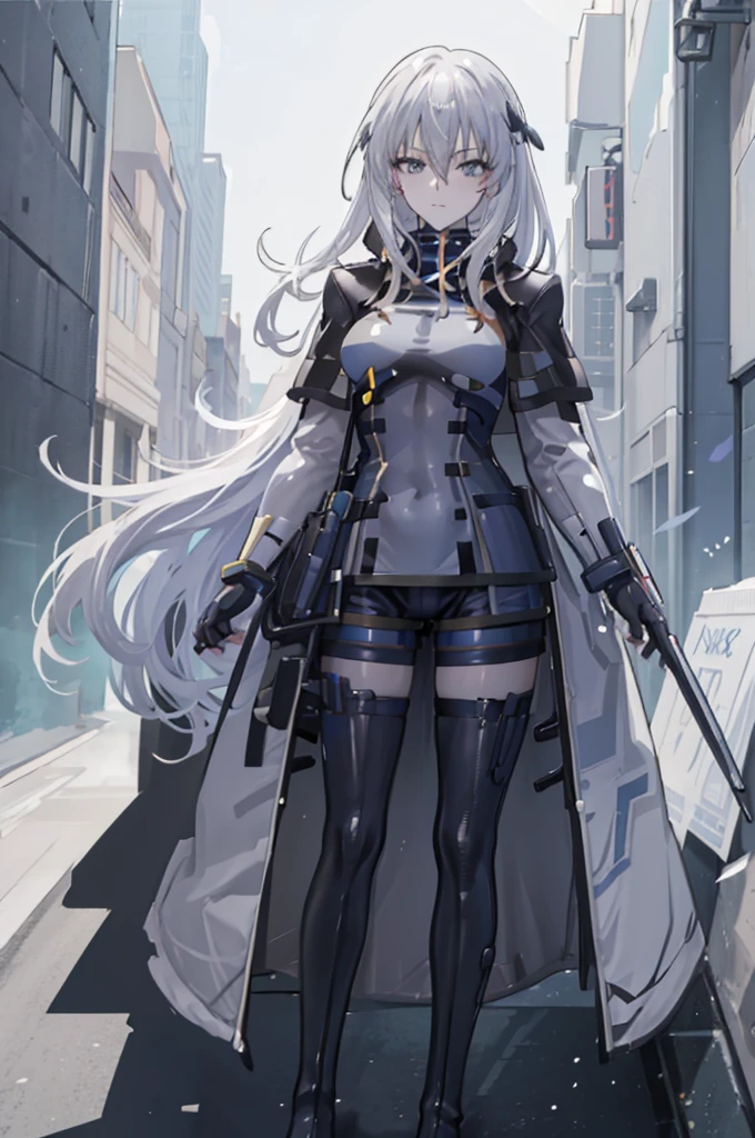 ((Pixiv)),(masterpiece_portrait),(Color Field),(Cyberpunk),(Full Metal Panic),(10s-anime-aesthetic), 1girl, light smile, curvy, large breasts, sharp face, spiked_hair, two-tone hair, white hair, gray hair, hair between eyes, very_long_hair, half closed eyes, sky blue eyes, Closed mouth, reaching out, cowboy shot, Standing, Clenched_hand, Black leotard, Over-kneehighs, White Overcoat, capelet, high_heel_boots