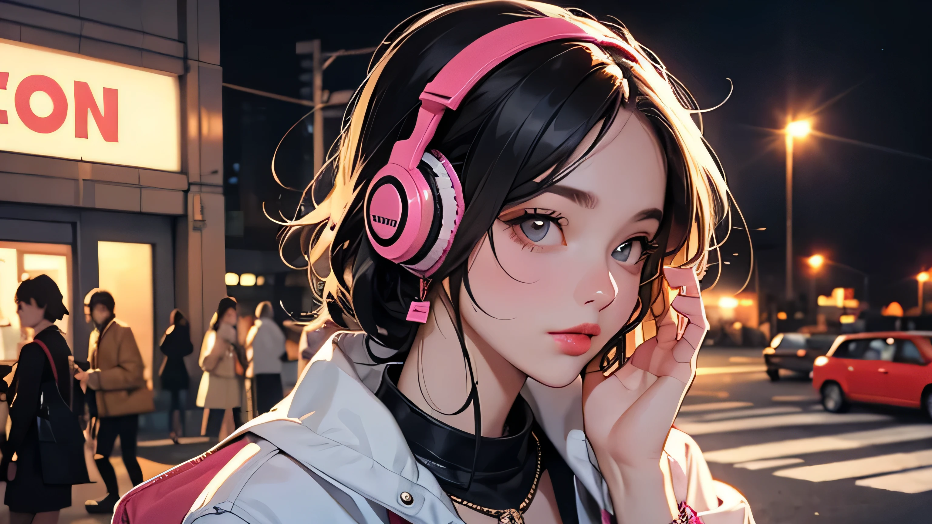 Anime girl with headphones on in a busy city street - SeaArt AI