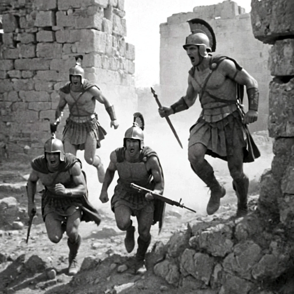 black and white, grainy old footage, 35mm vintage, frightened soldiers running from two giant-spartan soldiers among ancient ruins, realistic