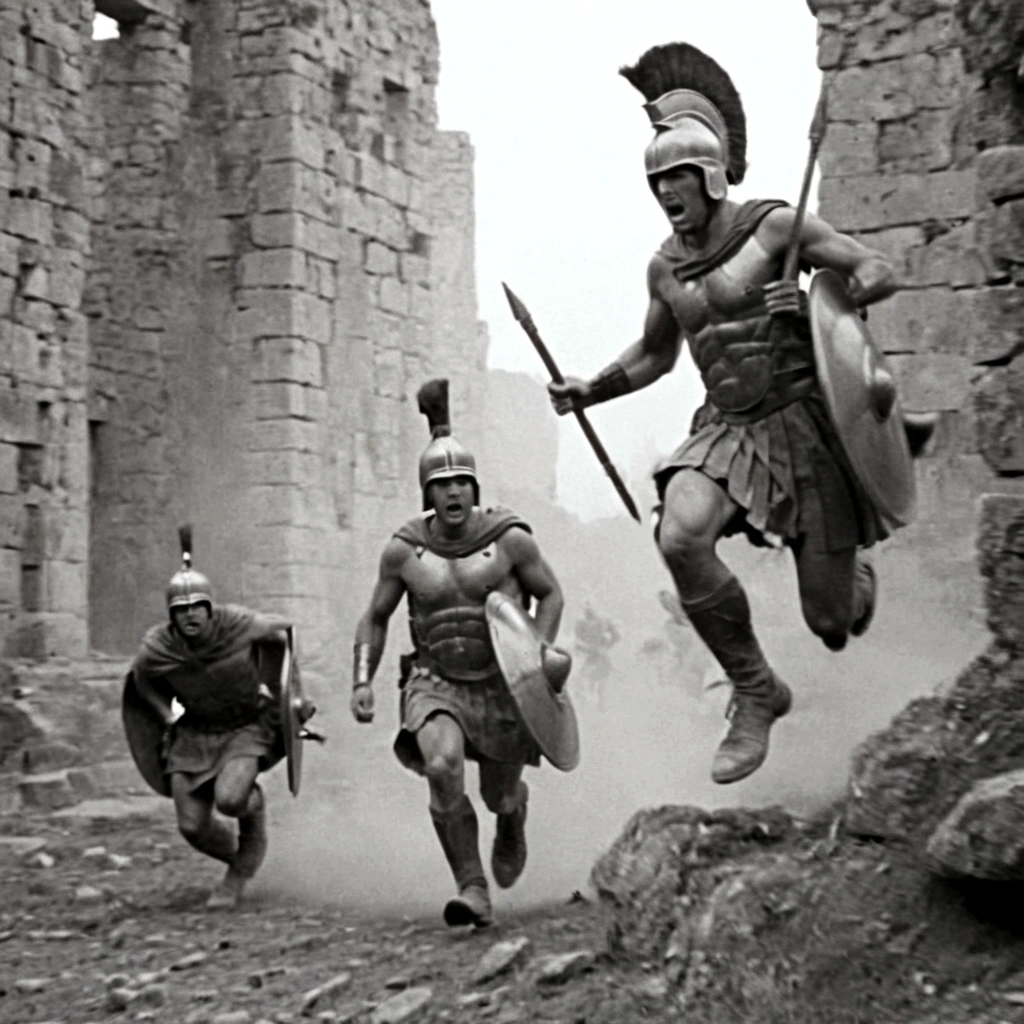black and white, grainy old footage, 35mm vintage, frightened soldiers running from two giant-spartan soldiers among ancient ruins, realistic