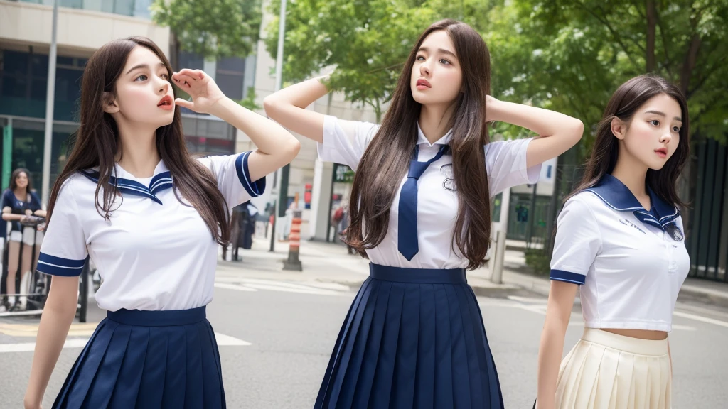 (Very detailed CG:1.2), (Masterpiece:1.2), (best quality:1.2),,((nonsense))outdoor shopping,half body ,(2 girls),(long hair),(high school uniform),(white short sleeve shirt),(navy_Blue pleated skirt),(long skirt),Dynamic angle,stand,dynamic poses,((delicate facial features)),,