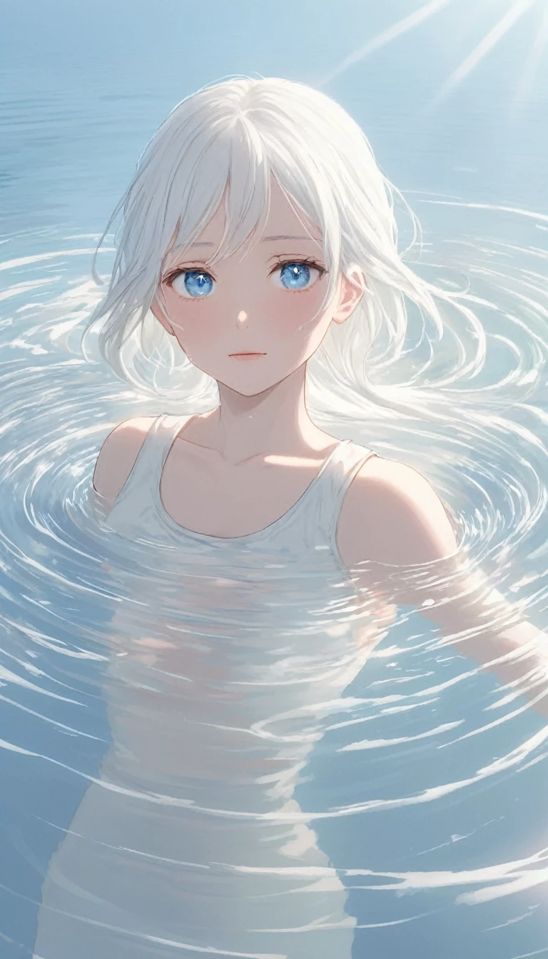 Anime-style female character in water, (long white hair:1.2), (gentle expression:1.1), blue eyes, white tank top, (rippling water effect around body:1.3), sunlight reflecting on water, clear sky, subtle water splashes, high-resolution digital art, soft color palette, tranquil atmosphere, (serene ocean background:1.1), realistic water texture
