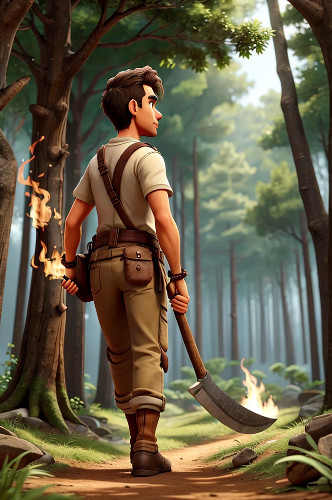 Jobem Guerreiro walking through the woods with a large fire ax in his hand