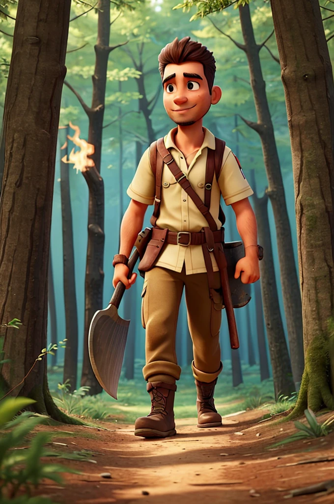 Jobem Guerreiro walking through the woods with a large fire ax in his hand