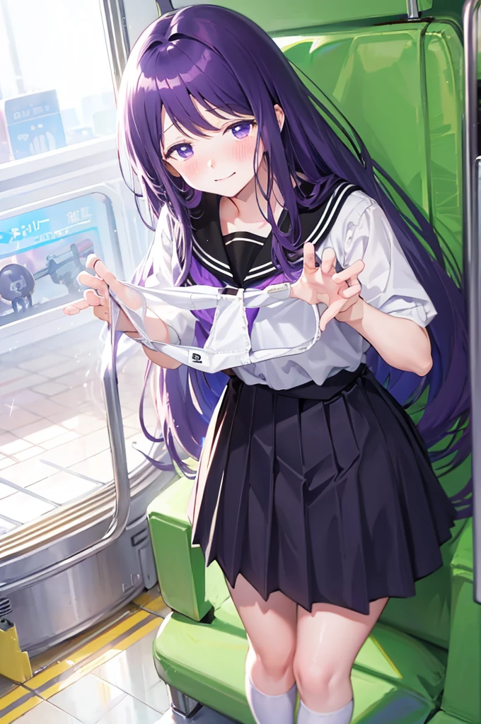 Holding white panties、Perfect hands、Detailed hands、Take off the white panties、Smirking face、Blushing、Black Skirt、Light purple hair、Semi-long hair、、Japanese school uniform、schoolgirl、on the train、Strap、、８K,Masterpiece、Light purple hair、Semi-long hair、、Japanese 、、、、、白色のShowing panties、、Blushing、、Showing panties、Pull up your skirt、Blushing、on the train、Strap