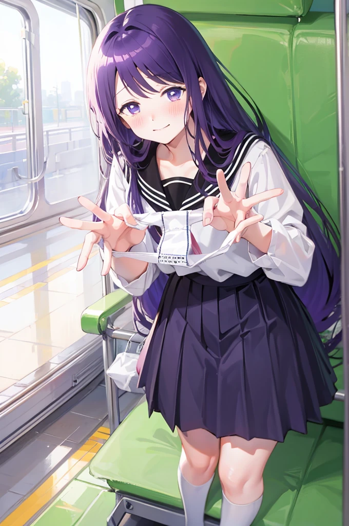 Holding white panties、Perfect hands、Detailed hands、Take off the white panties、Smirking face、Blushing、Black Skirt、Light purple hair、Semi-long hair、、Japanese school uniform、schoolgirl、on the train、Strap、、８K,Masterpiece、Light purple hair、Semi-long hair、、Japanese 、、、、、白色のShowing panties、、Blushing、、Showing panties、Pull up your skirt、Blushing、on the train、Strap